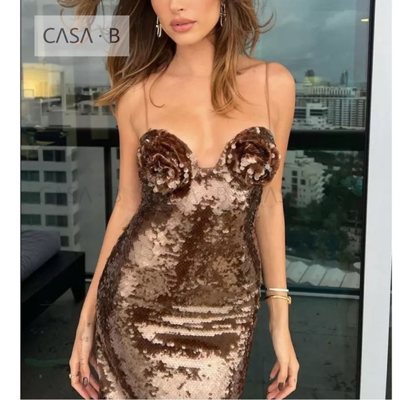 NEW to CASA B💫| Flower Bustier Sequin Maxi Gown in Chocolate Brown - Picture 8 of 10